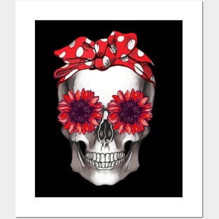 Cool skull, red bandana and sunflowers skull mask face Posters and Art